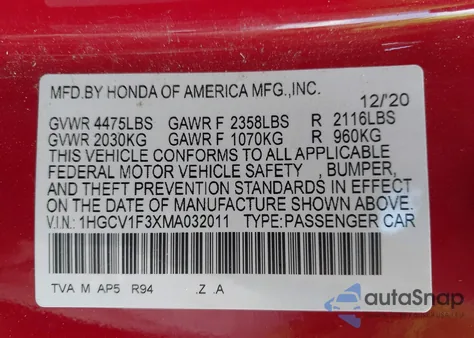 2021 Honda Accord Sport z USA, uszkodzony, nr VIN 1HGCV1F3XMA032011